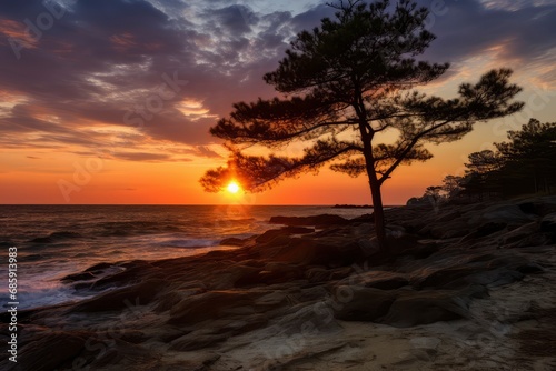 Seaside Sunset with Silhouette of Pine Tree Against Dramatic Sky