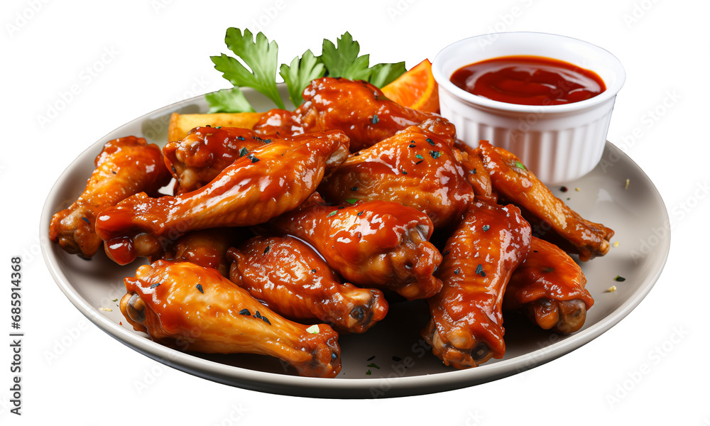 delicious chicken wings and ketchup or BBQ sauce in the middle fast food on a plate, isolated on transparent background, PNG file, professional studio photo delicious chicken wings and ketchup or BBQ sauce in the middle fast food on a plate, isolated on transparent background, PNG file, professional studio photo