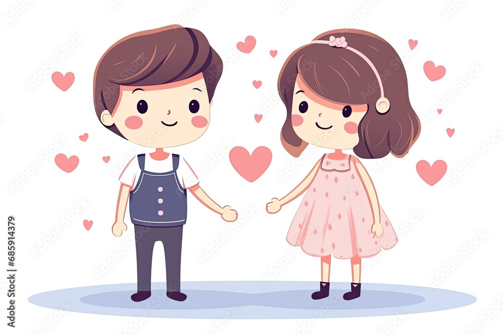 A charming illustration of a cute young couple, a boy and a girl, holding hands A charming illustration of a cute young couple, a boy and a girl, holding hands