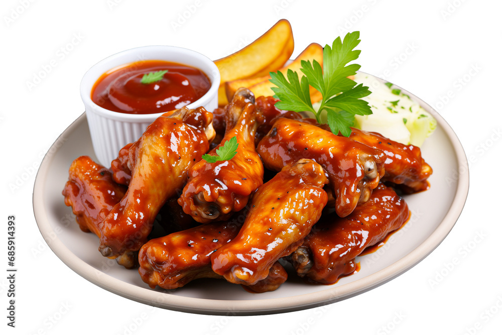 delicious chicken wings and ketchup or BBQ sauce in the middle fast food on a plate, isolated on transparent background, PNG file, professional studio photo