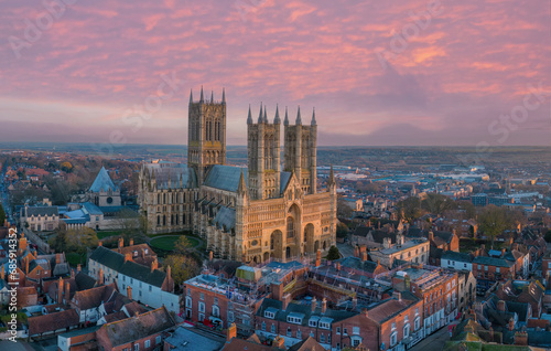 Lincoln, UK. Cathedral and City at sunset. Aerial view of the British city of Lincoln United Kingdom. Steep Hill and historic church photo