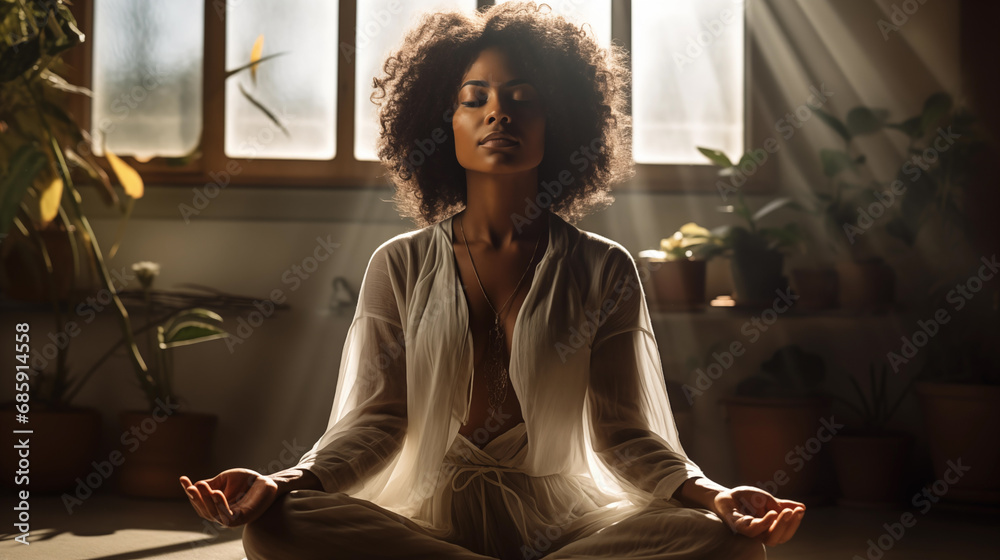 Black woman meditating on the floor of your living room with the sunlight sunlight coming through the window - obrazy, fototapety, plakaty 