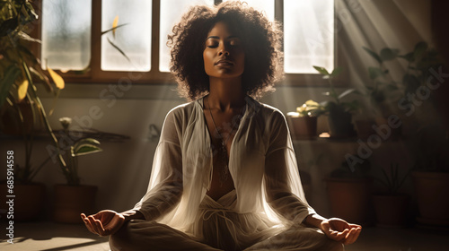 Wallpaper Mural Black woman meditating on the floor of your living room with the sunlight sunlight coming through the window Torontodigital.ca