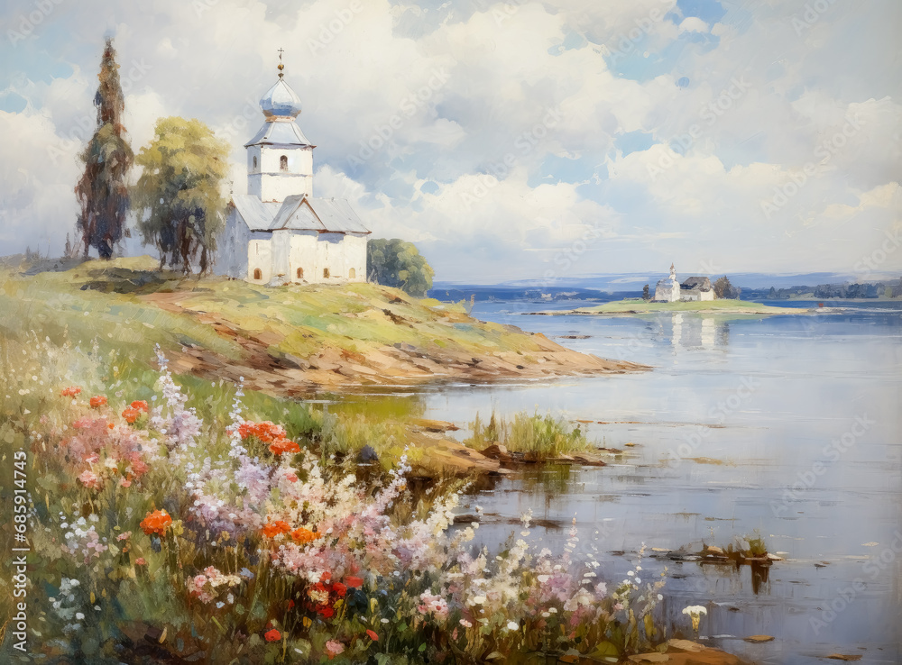 Church near the river lake, lush landscape backgrounds, romantic riverscapes, white and blue.