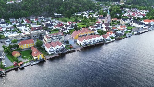 Small Norwegian town by the coast.  Nature and city landscape.  photo