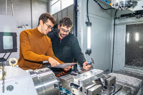 Team of engineers examining pieces on a cnc modern factory