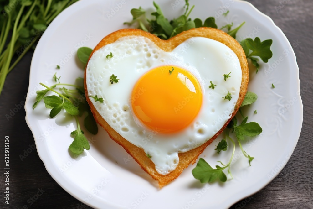 A heart-shaped fried egg represents a romantic Valentine's Day breakfast, herbs A heart-shaped fried egg represents a romantic Valentine's Day breakfast, herbs