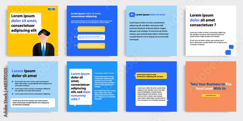 Minimal modern style of social media post banner layout template pack in blue, yellow, orange combination background color with simple elements