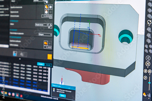 Billede på lærred Computer screen with a simulation of a metal piece in a cnc modern factory offic
