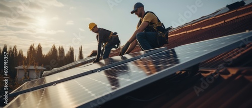 Technicians installing photovoltaic solar panels on roof of house photo