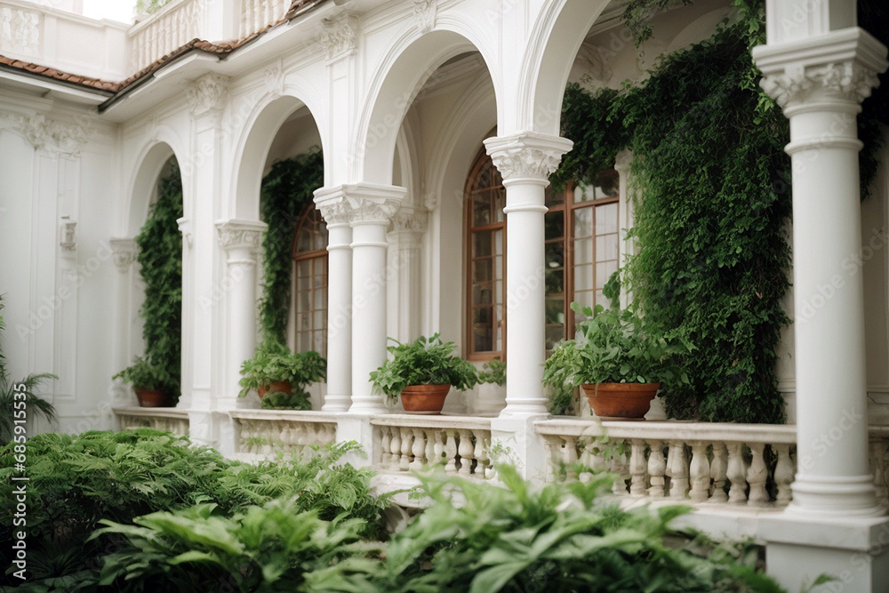 Beautiful architecture detail with white walls and green plants