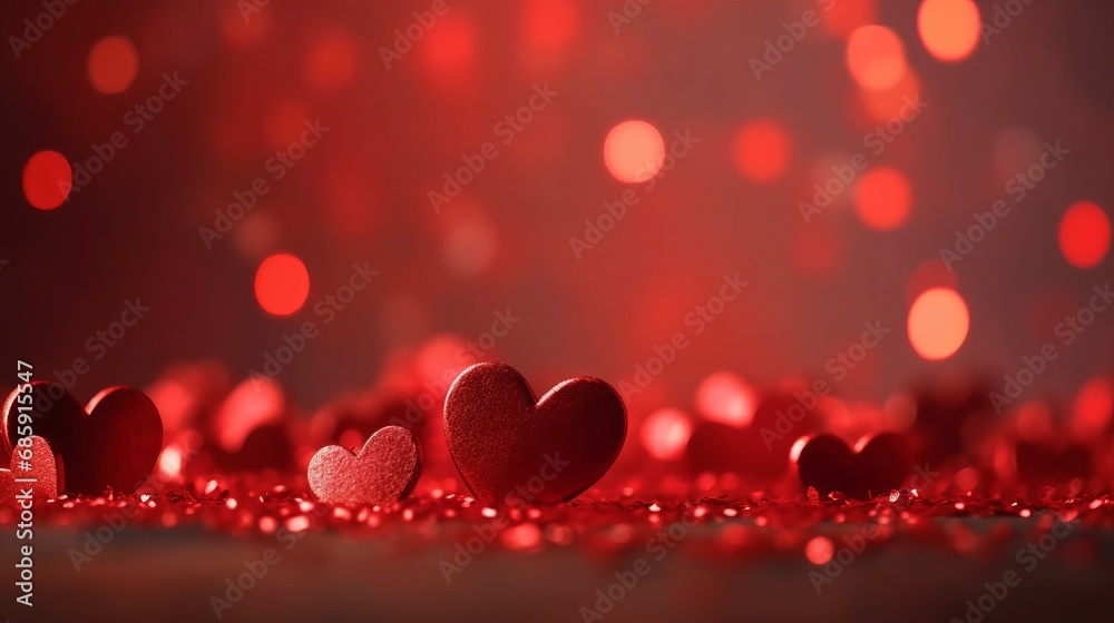 Valentine's day background banner panorama. Red hearts and bokeh lights on red festive texture. Valentine day or 8 march background. Magic concept. New Year concept. Celebrate concept.