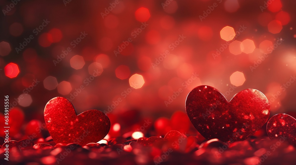 Valentine's day background banner panorama. Red hearts and bokeh lights on red festive texture. Valentine day or 8 march background. Magic concept. New Year concept. Celebrate concept. Valentine's day background banner panorama. Red hearts and bokeh lights on red festive texture. Valentine day or 8 march background. Magic concept. New Year concept. Celebrate concept.