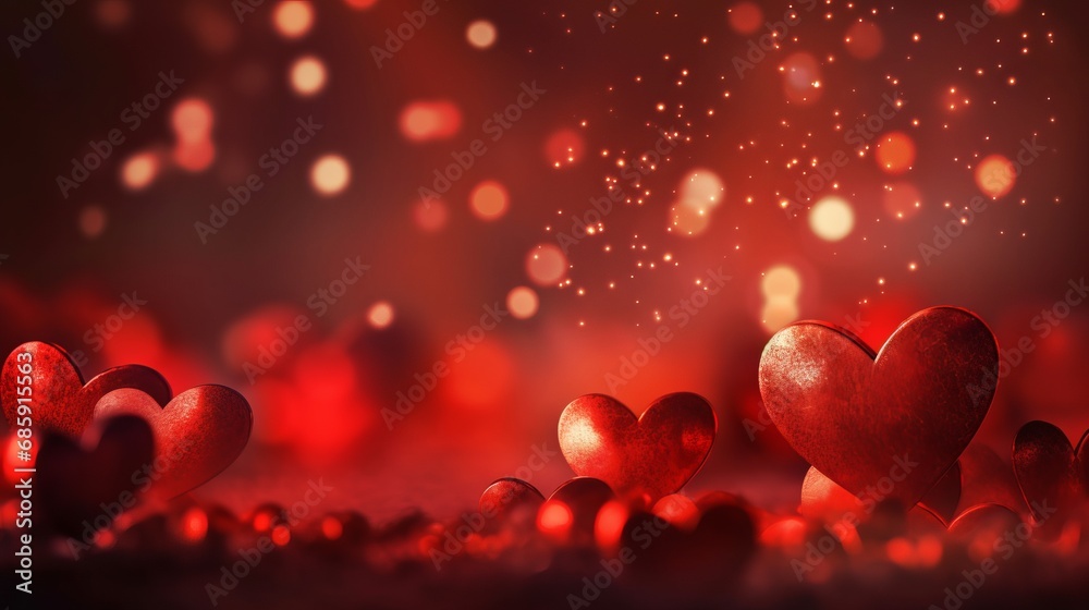 Valentine's day background banner panorama. Red hearts and bokeh lights on red festive texture. Valentine day or 8 march background. Magic concept. New Year concept. Celebrate concept. Valentine's day background banner panorama. Red hearts and bokeh lights on red festive texture. Valentine day or 8 march background. Magic concept. New Year concept. Celebrate concept.