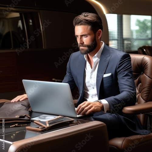 Handsome businessman sits a...