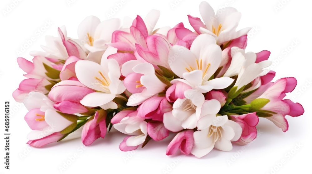 A bunch of pink and white flowers on a white surface