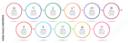 infographic design with eleven sections or options, simple design with thin lines, icons, symbols, numbers and text, for flow diagrams, your business presentations
