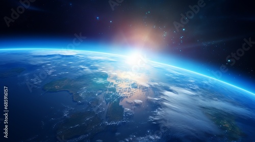 Earth Sunrise from Space. Stunning View of the Blue Planet and Rising Sun