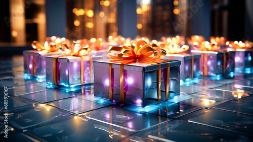 Gift boxes and Christmas ornaments with ribbons and bows with lights and bokeh background. Generative AI technology.