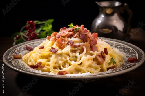 Authentic Pasta Carbonara served in a classic Italian ceramic bowl, close-up showcasing the creamy texture and crispy guanciale with pecorino cheese photo