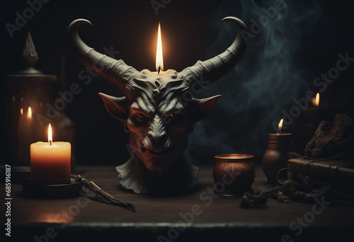 Magic composition with a Demon's head and candles on the table