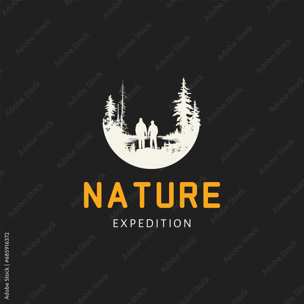 Obraz premium nature expedition logo,Vintage modern adventure logo with mountain view, river and pine trees.