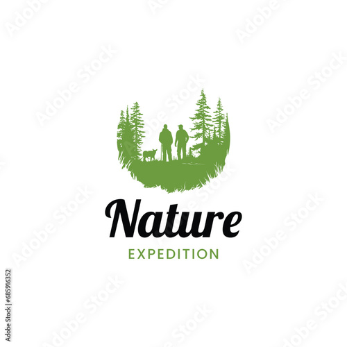 nature expedition logo,Vintage modern adventure logo with mountain view, river and pine trees.