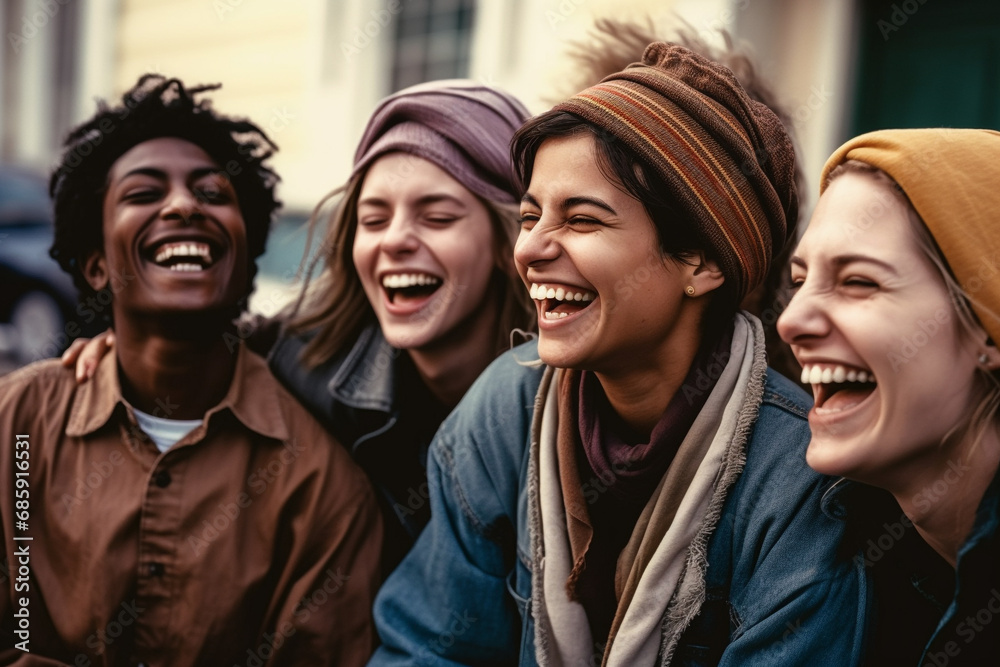 A group of people of different nationalities laughing. Different ages nationalities having fun together, having good time together laughing smiling. Enjoyment, relaxation respect peace. - obrazy, fototapety, plakaty 