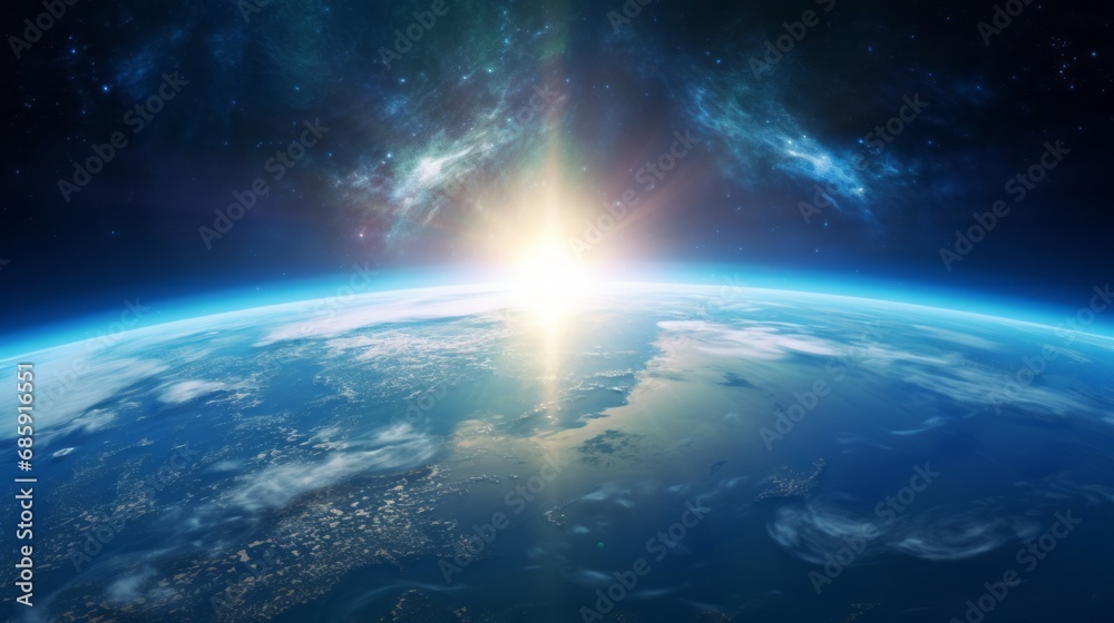 Earth Sunrise from Space. Stunning View of the Blue Planet and Rising Sun Earth Sunrise from Space. Stunning View of the Blue Planet and Rising Sun