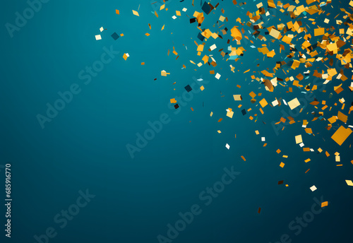 Abstract turquoise background with gold confetti. A swirl of gold tinsel with glitter effect. Minimalistic horizontal festive wallpaper with copy space for text. Design for card, poster, invitation. photo
