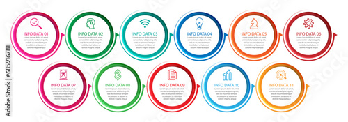 infographic design with eleven sections or options, simple design with thin lines, icons, symbols, numbers and text, for flow diagrams, your business presentations