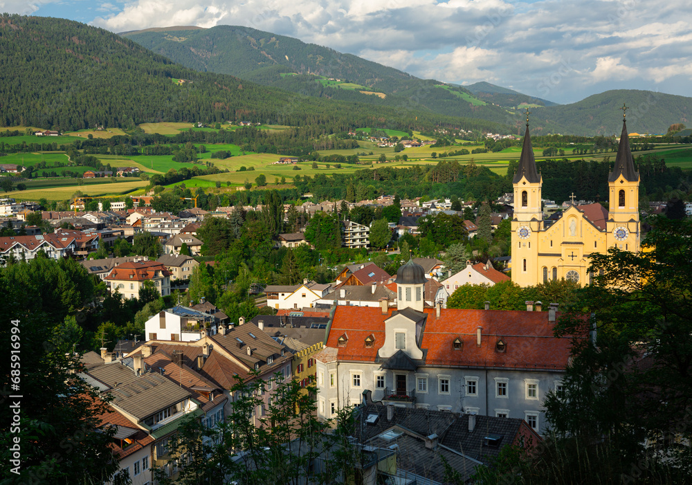 View of Bruneck largest town in Puster Valley in Italian province of South Tyrol