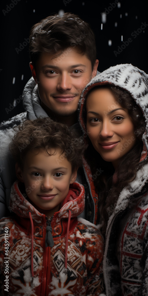 A family posing for a winter portrait outside with seasonal sweaters and snow. Generative AI. 