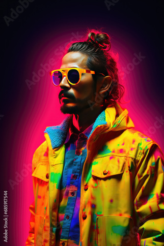 Asian man in a yellow jacket with colorful neon lights, modern outfits