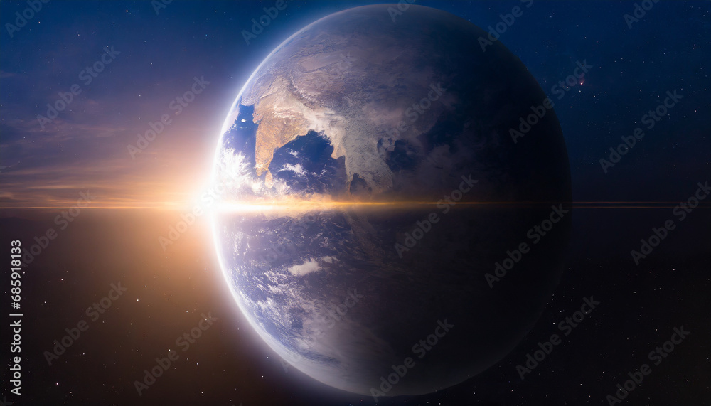 Captivating image of Earth at sunrise in the vastness of space, surrounded by galaxies and stars, a breathtaking cosmic view Captivating image of Earth at sunrise in the vastness of space, surrounded by galaxies and stars, a breathtaking cosmic view
