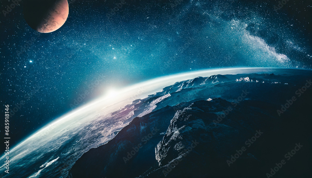 Fototapeta premium Captivating image of Earth at sunrise in the vastness of space, surrounded by galaxies and stars, a breathtaking cosmic view