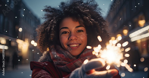 woman in a snowy setting holding a sparkler