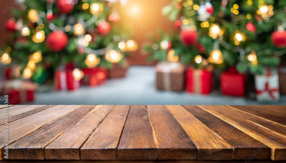 Empty wooden table with festive Christmas background, ready for holiday gatherings or seasonal decorations