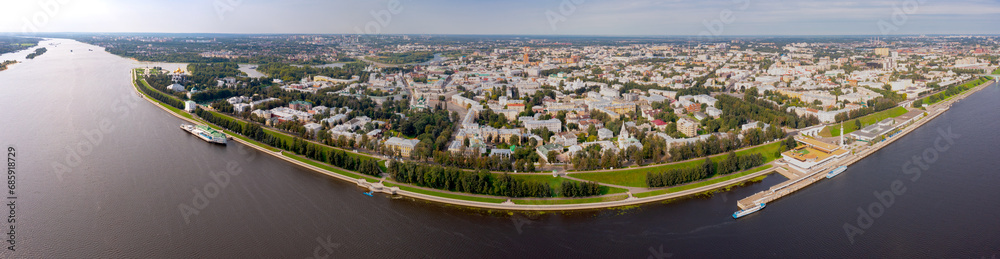 Aerial view of Russian city Yaroslavl. Cathedral of Assumption and Volga River visible from above.