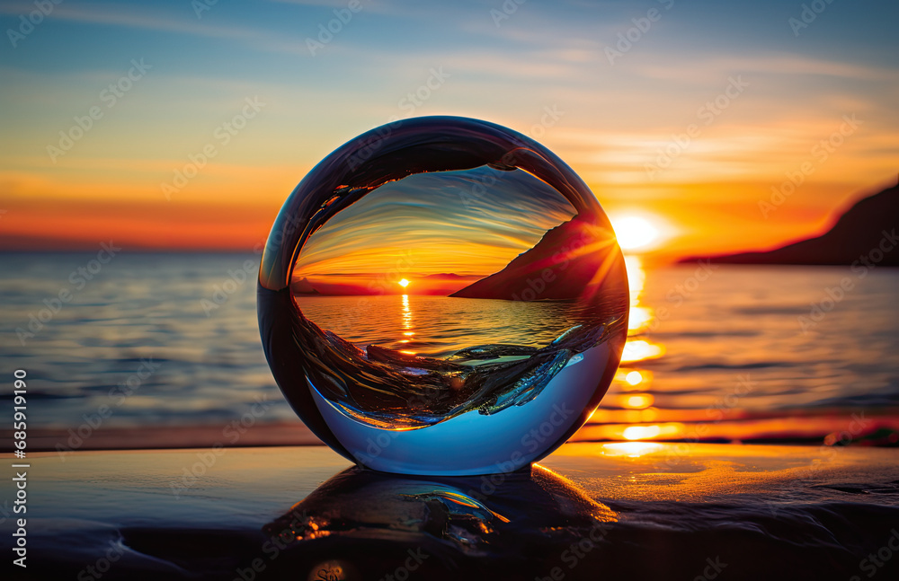 A glass ball peacefully sits in the water, reflecting the mesmerizing colors of a sunset A glass ball peacefully sits in the water, reflecting the mesmerizing colors of a sunset