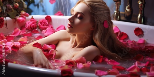 Luxurious woman in a bathtub of pink rose petals