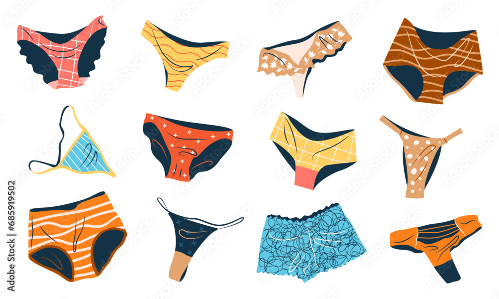 Set of panties, underwear for women. Fashion collection with various types of underclothing. String, thong, tanga, bikini. isolated cartoon vector illustrations with lingerie on white background.
