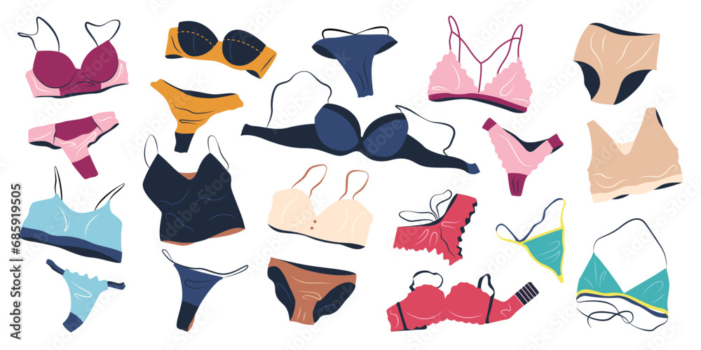 Bundle of female lingerie sets isolated on white background. Collection of elegant undergarments, sexy underwear, bras, bikini and panties for women. Hand drawn colorful flat vector illustrations. - obrazy, fototapety, plakaty 