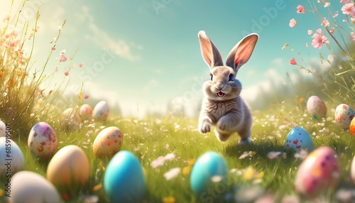 Happy easter bunny in easter meadow with eggs and copy space photo