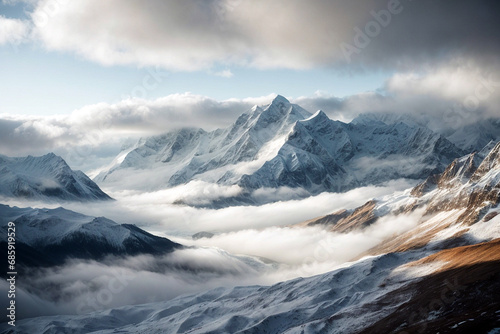 High mountains covered with snow and clouds