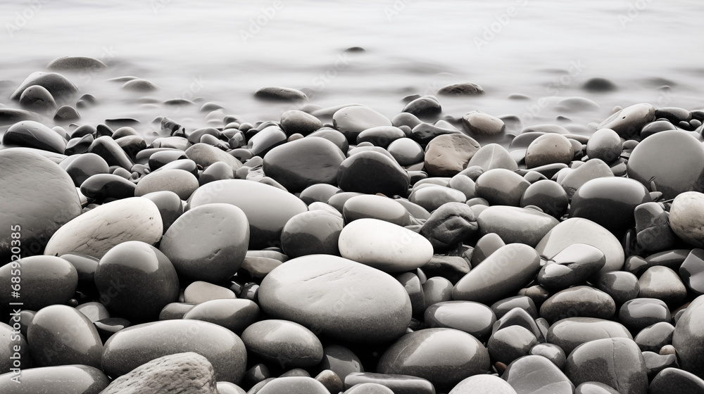 Obraz premium Pebbles and stones on an empty beach. Minimalist black and white concept photography. Dark Tones.
