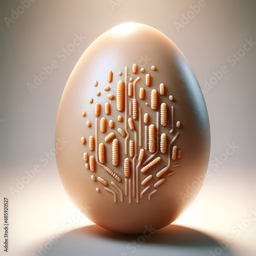 Eggshell surface artfully depicted with harmful bacteria, conceptually illustrating contamination risks. Salmonella Enteritidis. Concept: Egg, Pathogen, Safety, Magnification, Awareness photo