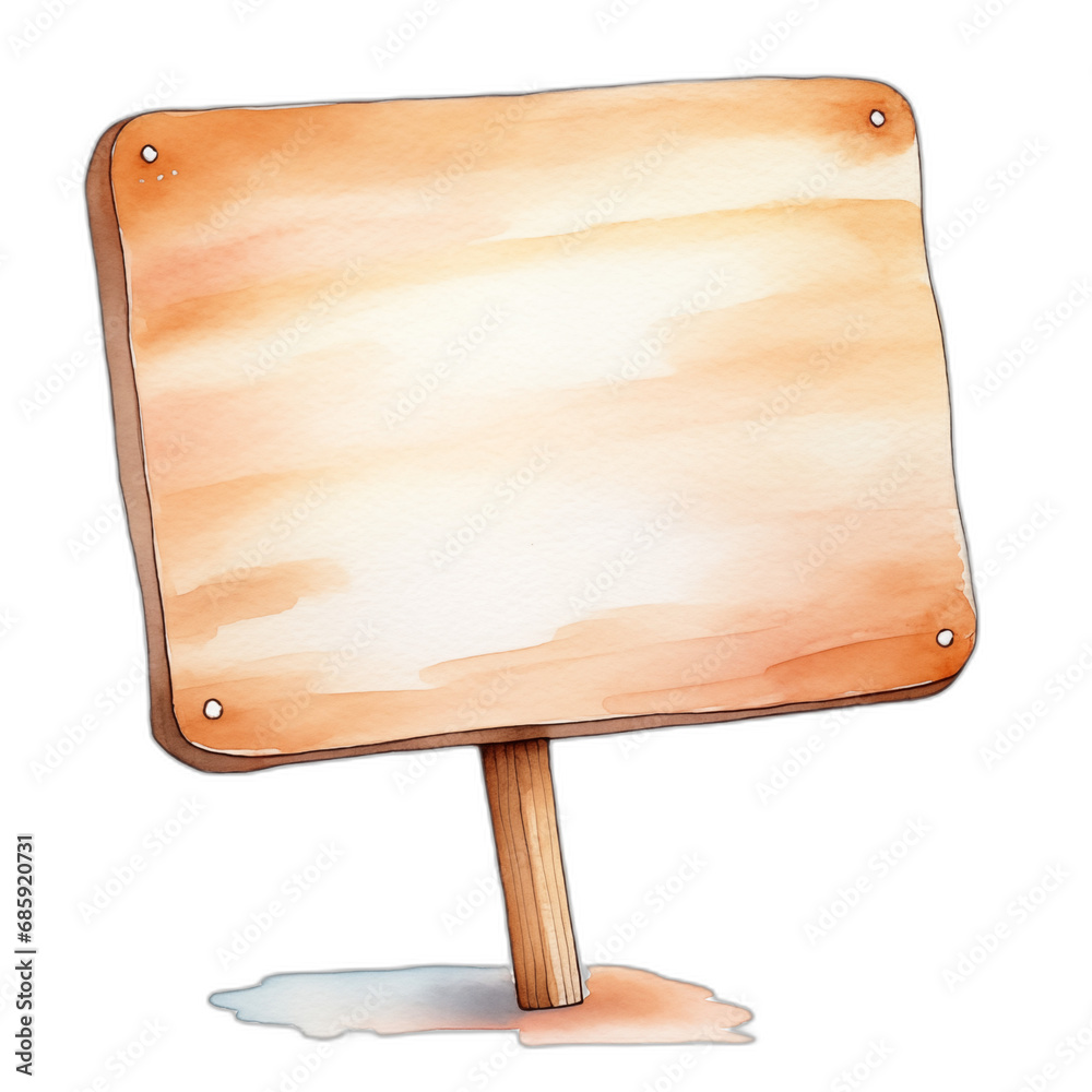 Watercolor cartoon illustration of an empty wooden sign isolated on ...