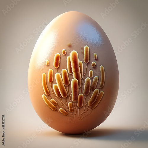 Close-up of a golden egg with detailed bacteria, representing kitchen hygiene importance. Salmonella Enteritidis. Virus, bacteria. photo