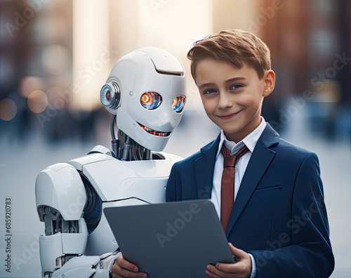 Futuristic Scene: A Robot Stands Alongside a Curious Boy, Both Symbolizing the Dawn of the Artificial Intelligence Era, the Youngster Holding a Laptop in a Glimpse into the Age of Technologiy photo